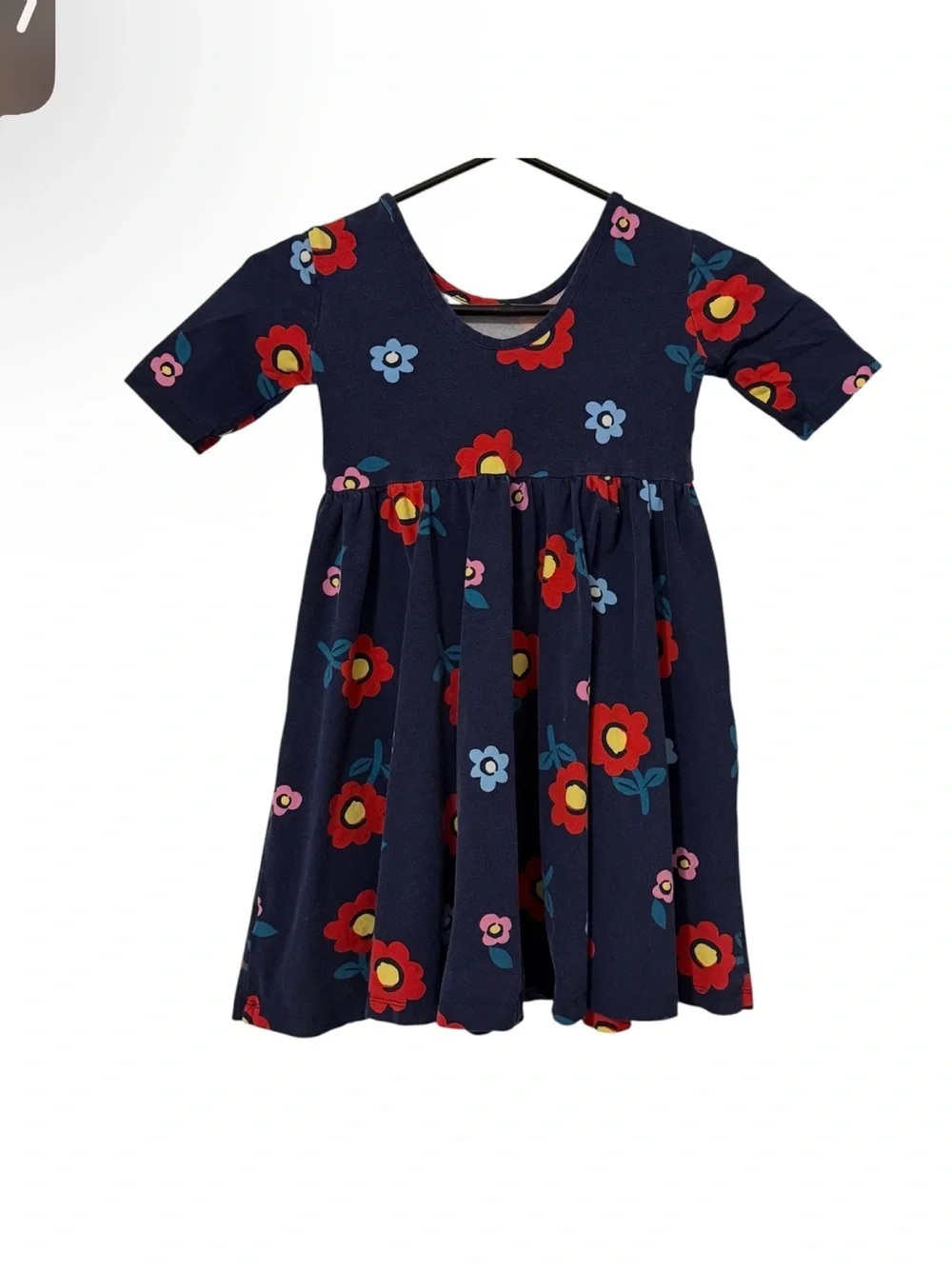 4/$25 Hanna Andersson Flower Twirl Dress Girls Size 6-7 Navy Red Pockets READ